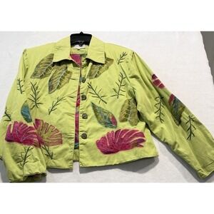 Nouveau Monde by Kaktus Embroidered Jacket Lime Green Floral Tropical Print L